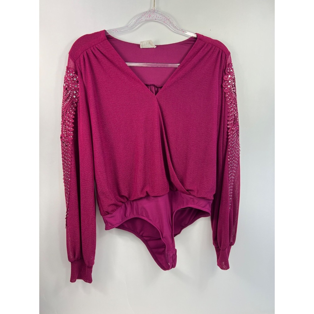 Ember Body Suit Women's Sz M Red Long Sheer Beaded Sleeves Wrap Front